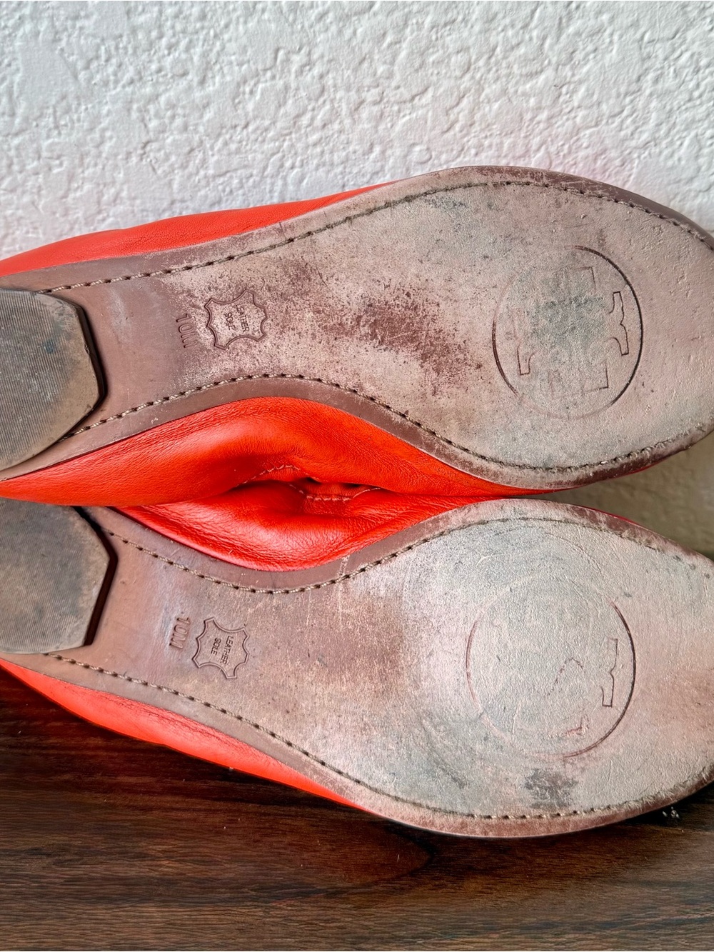 Tory Burch Orange Leather Ballet Flats with Gold Cap Toe - Picture 10 of 12